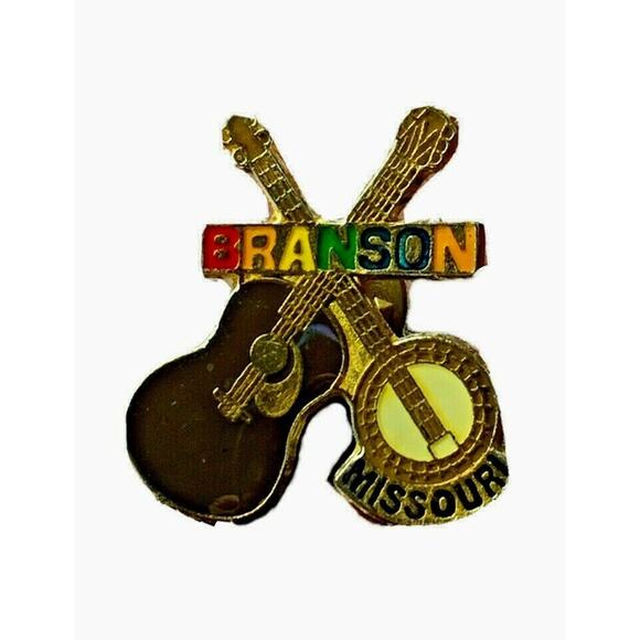 Vintage Travel Souvenir Banjo Guitar Branson Enamel and Gold Tone Lapel Hat Pin - Picture 1 of 3